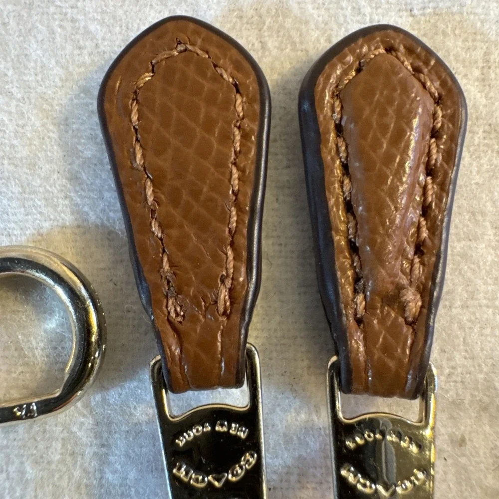 2 Coach New York Gold Tone Brown Leather Replacement Zipper Pull & Slide & Ring